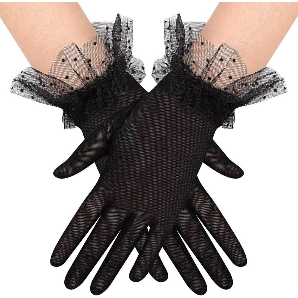 Women's Short Lace Black Tulle Sheer Mesh Tea Party Prom Gloves Banquet Costume